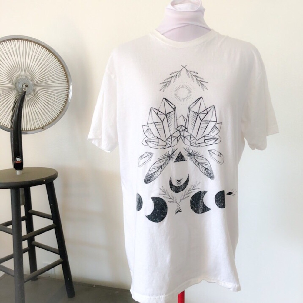 XL White Tee w/ Rocks, Crystals, Plants, Moons.